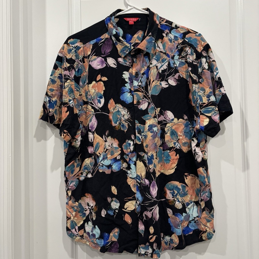 Guess Mens Large Black Floral Short Sleeve Button Shirt Up Viscose